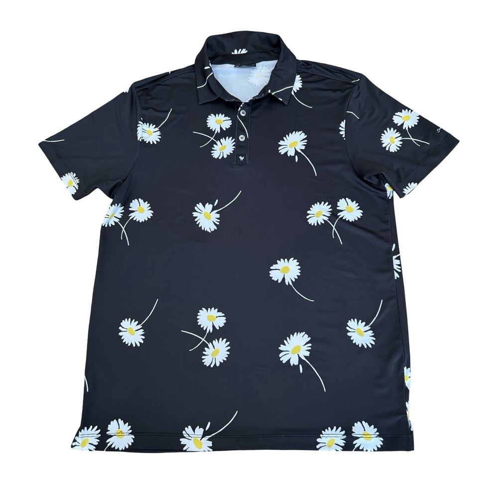 Bad Birdie Golf Polo Shirt Mens Sz M Black Daisy Print Performance Short Sleeve